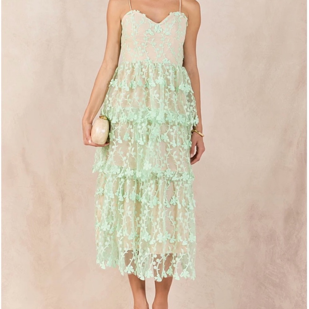 Endless Rose Mint Lace Tiered Midi Dress with Spaghetti Straps